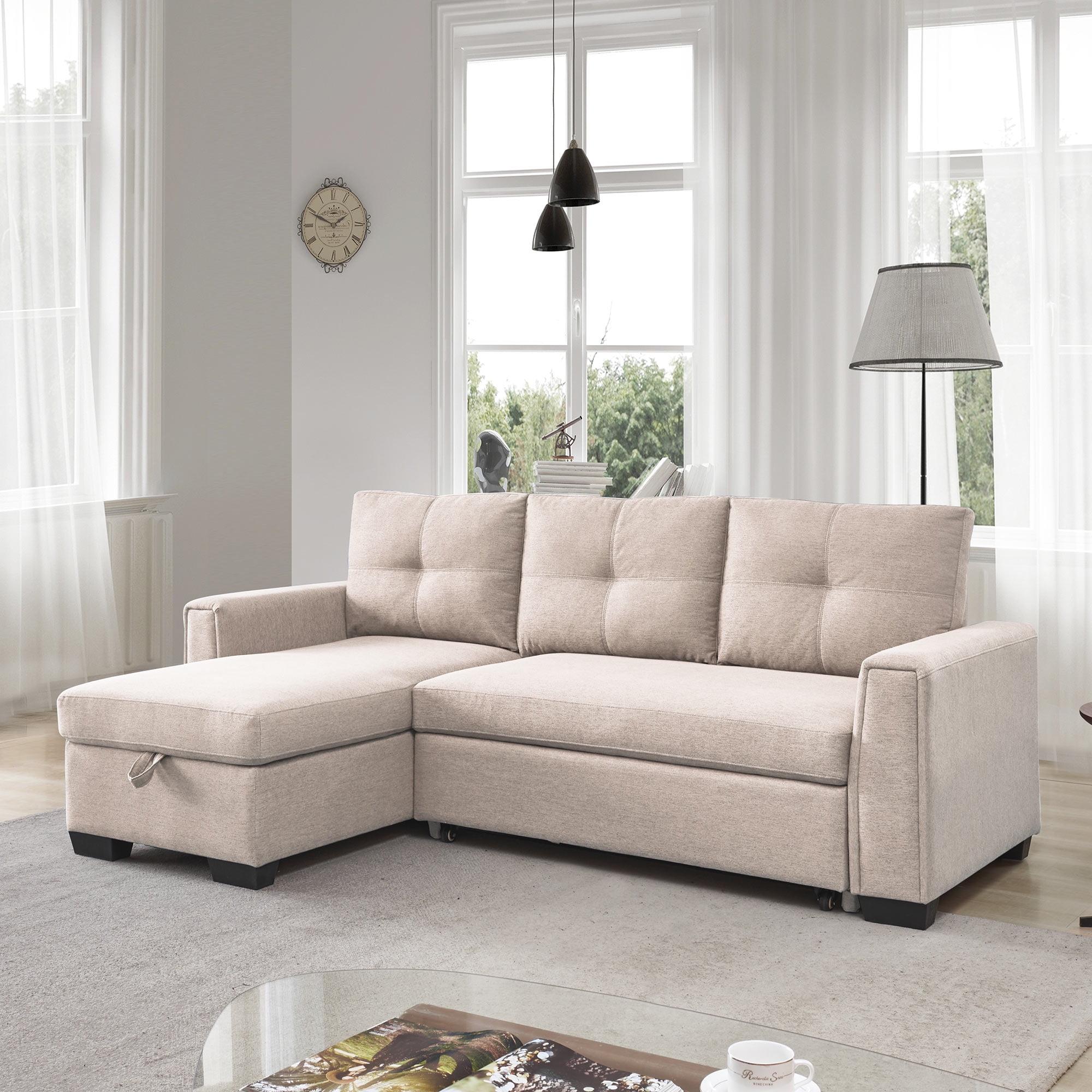 Beige Velvet Tufted Full Sectional Sofa with Storage and Track Arm