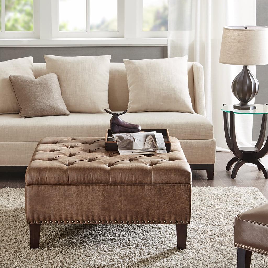 Brown Tufted Faux Leather Ottoman with Birch Legs