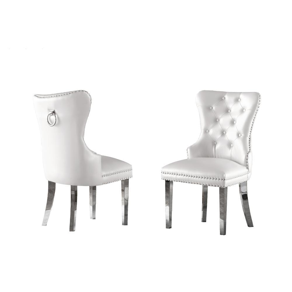 Tufted White Faux Leather Side Chairs with Silver Stainless Steel (Set of 2)