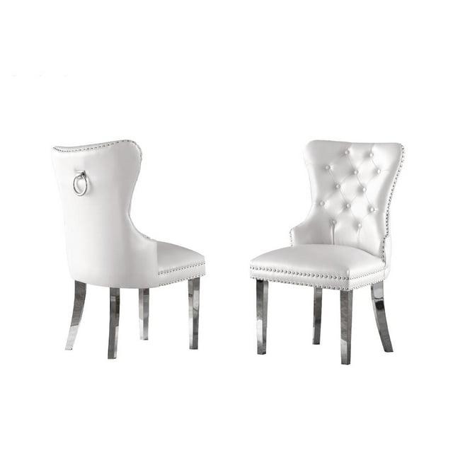Tufted White Faux Leather Side Chairs with Silver Stainless Steel (Set of 2)