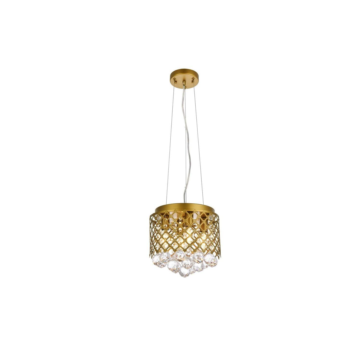 Elegant Brass and Crystal Drum Pendant with Adjustable Height