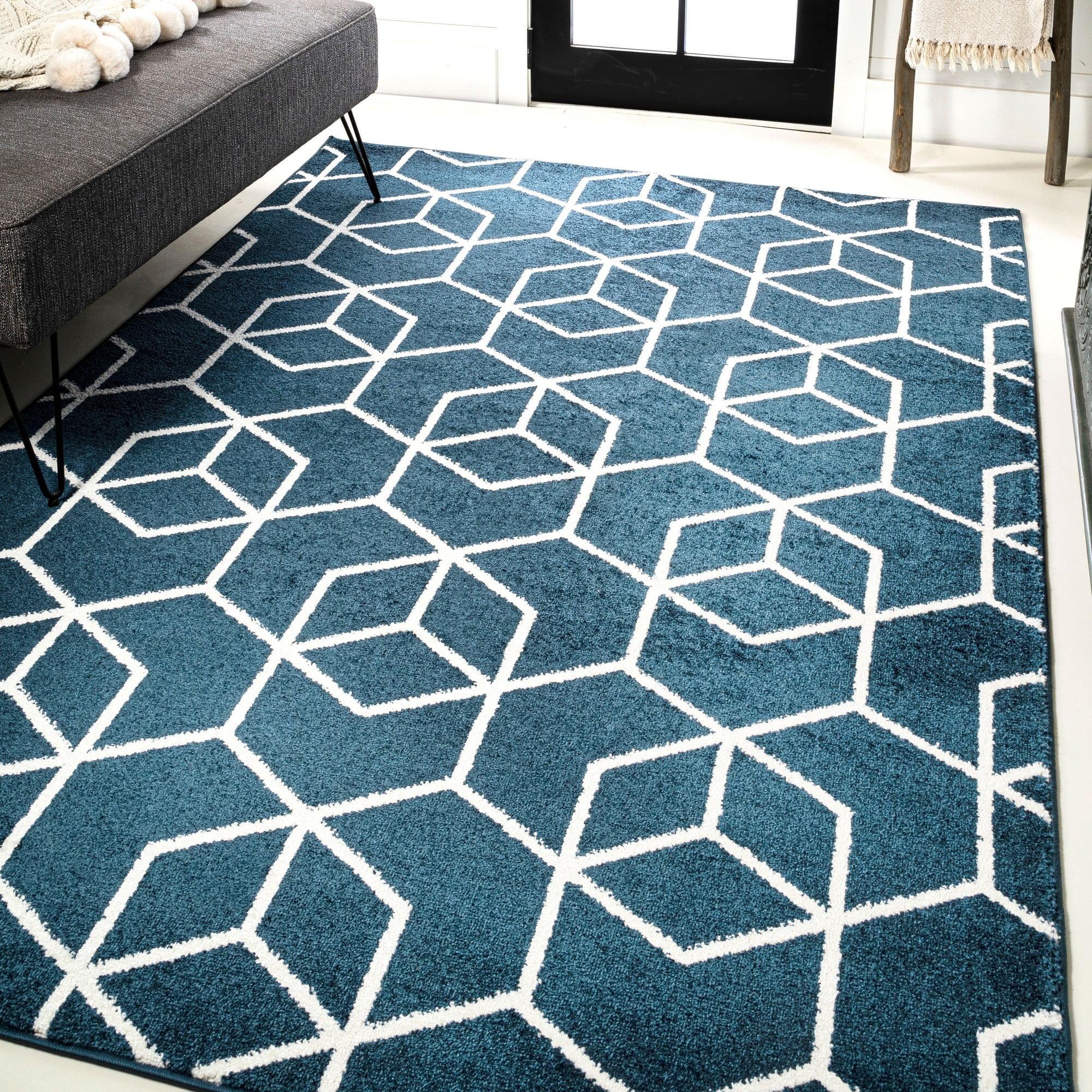 8'x10' Tumbling Blocks Modern Geometric Area Rug, Navy/White - JONATHAN Y