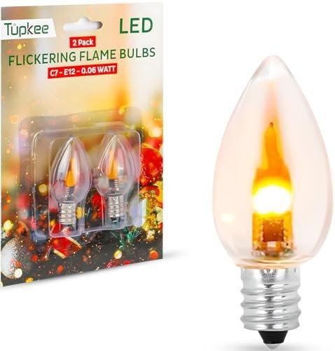 Tupkee LED Flickering Flame Bulb  C7, E12 Base, 0.06 Watt, Flicker Flame LED Bulb with a Warm Glow That Flickers and Dances Up and Down - for Halloween, Christmas Candolier Window Candle - 2/Pkg