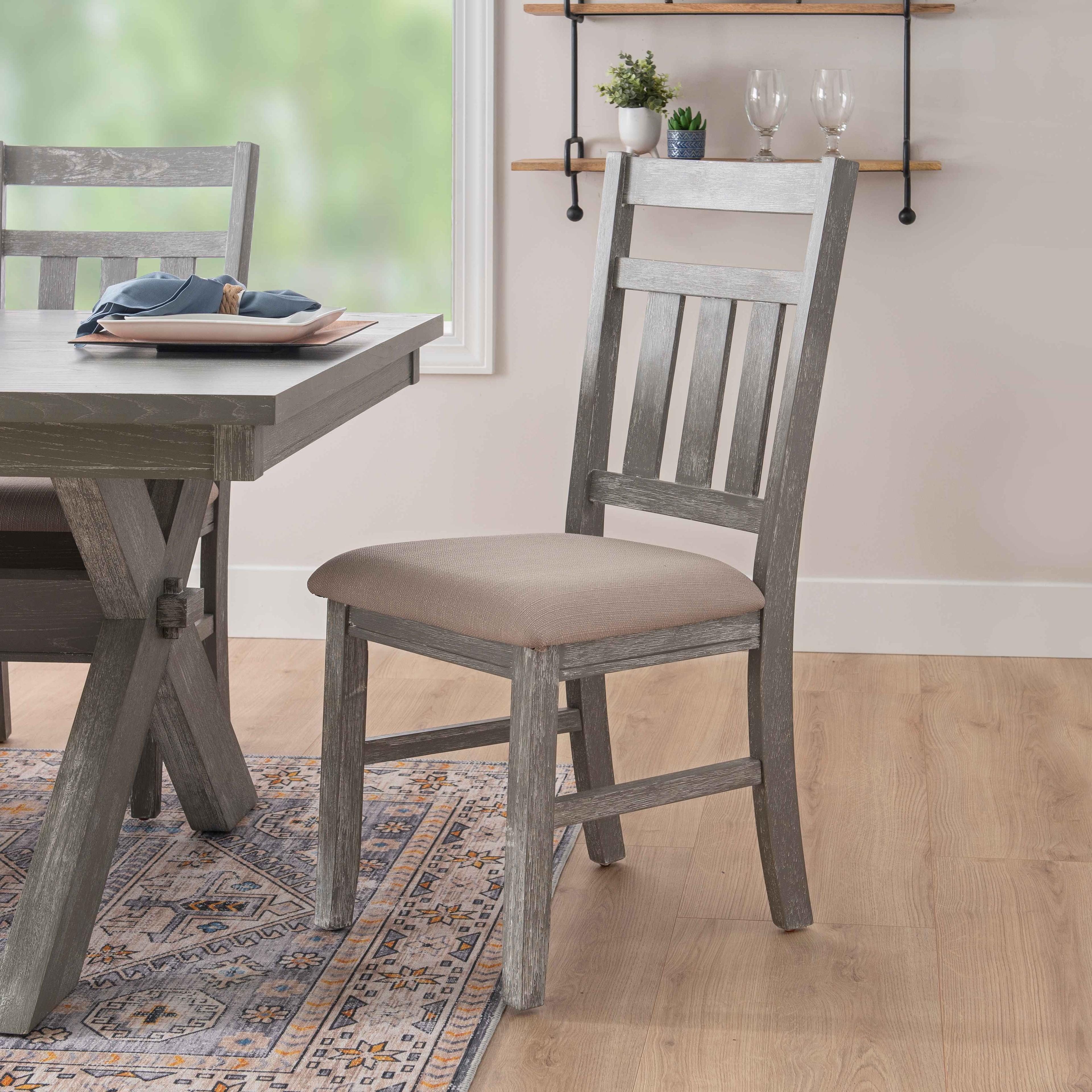 Gray Oak Upholstered Ladderback Side Chair with Tan Linen Seat