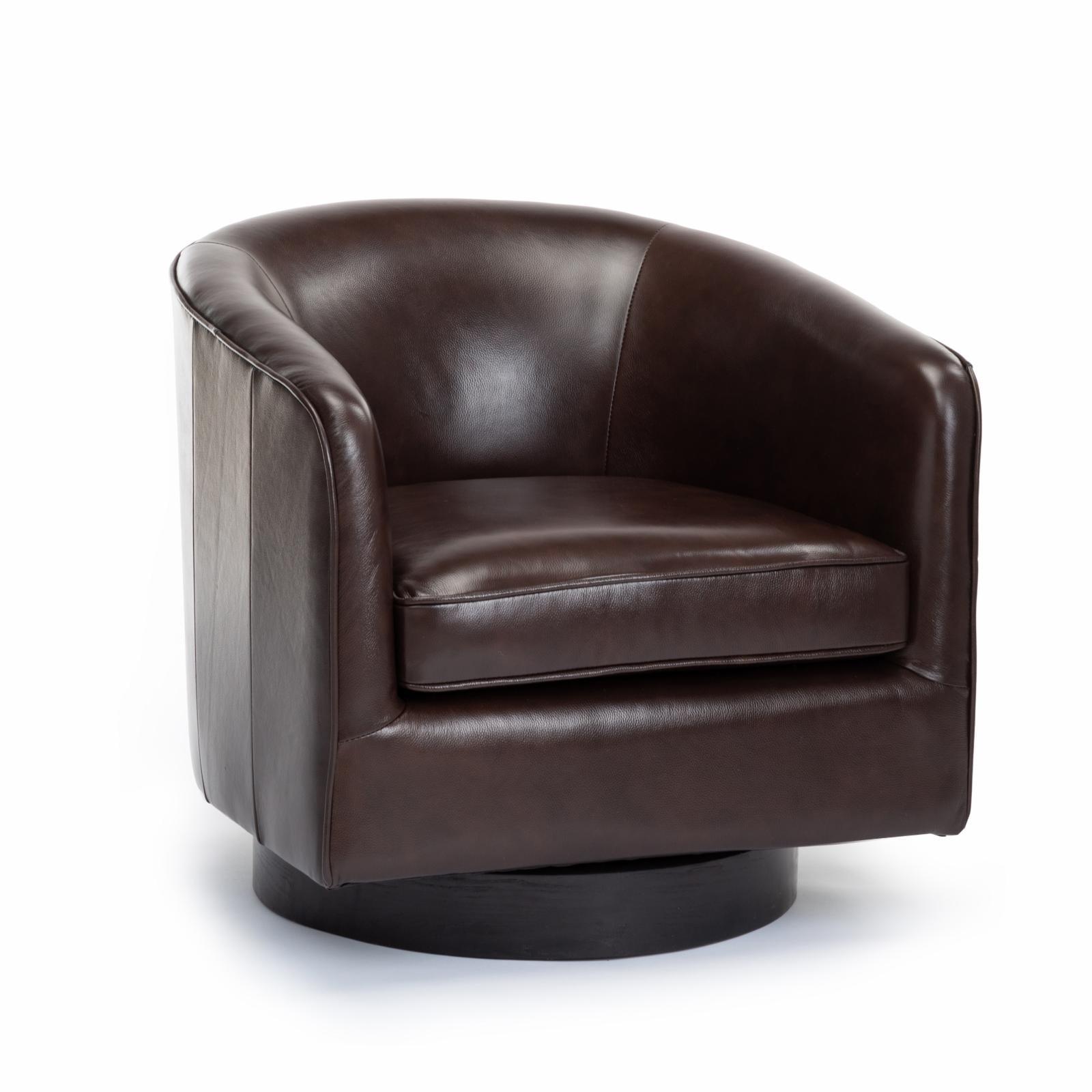 Transitional Black Top Grain Leather Swivel Barrel Chair with Wooden Base