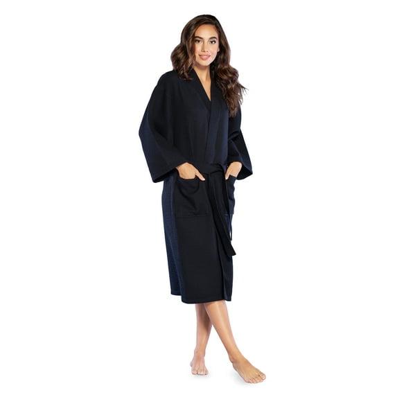 Turquaz Linen Lightweight Long Waffle Kimono Unisex Spa Robe (One Size, Black)