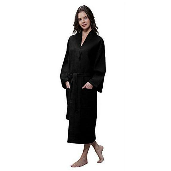 Turquaz Linen Lightweight Long Waffle Kimono Unisex Spa Robe (One Size, Black)