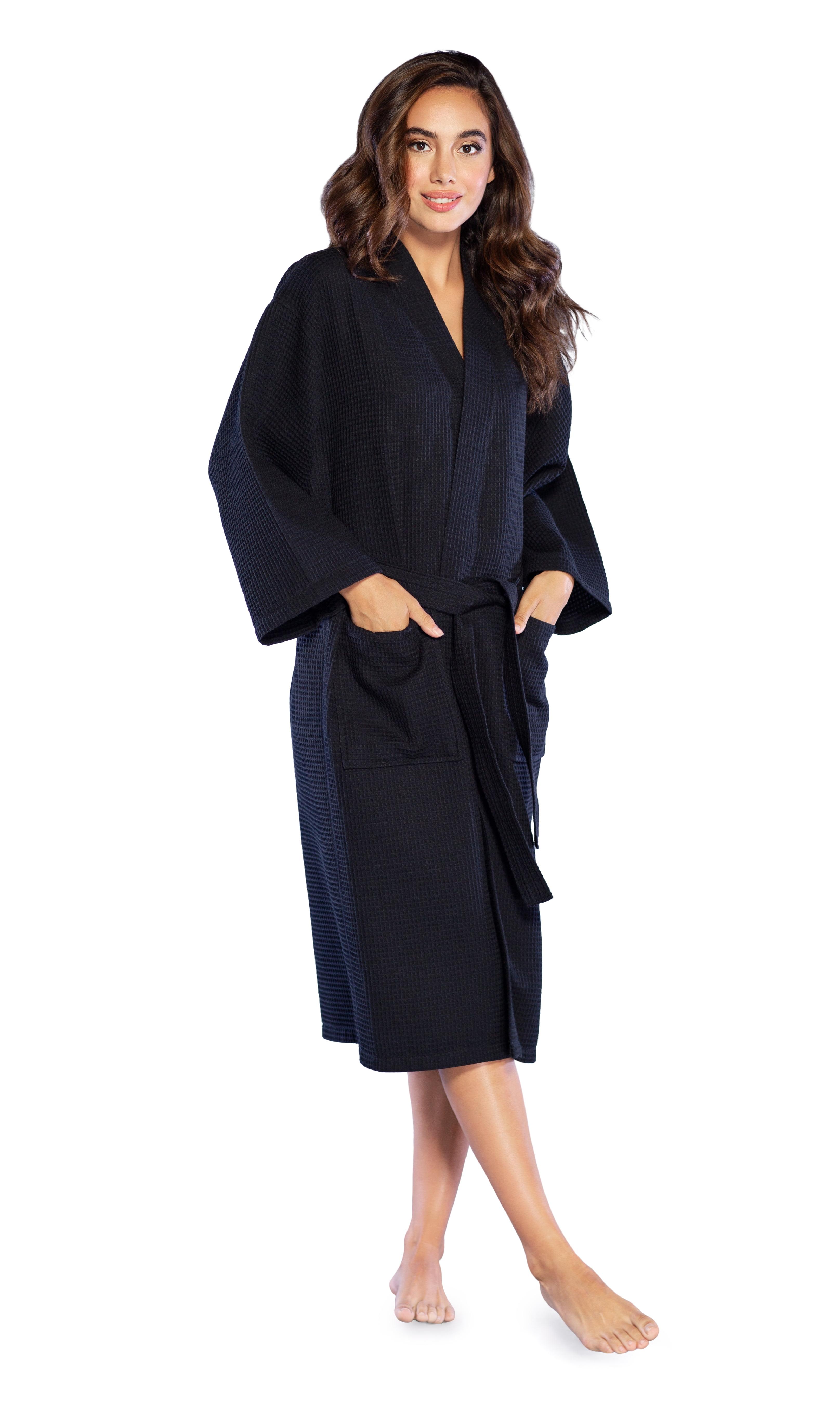 Turquaz Linen Lightweight Long Waffle Kimono Unisex Spa Robe (One Size, Black)