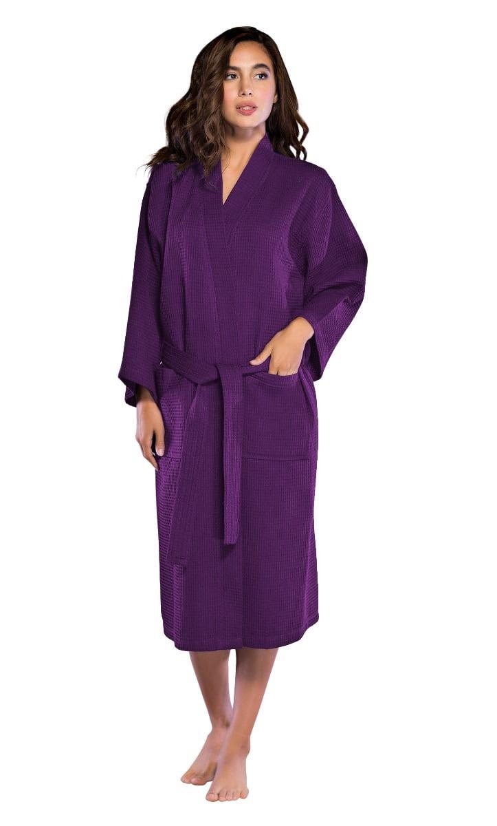 Purple Lightweight Cotton Blend Waffle Kimono Spa Robe S/M