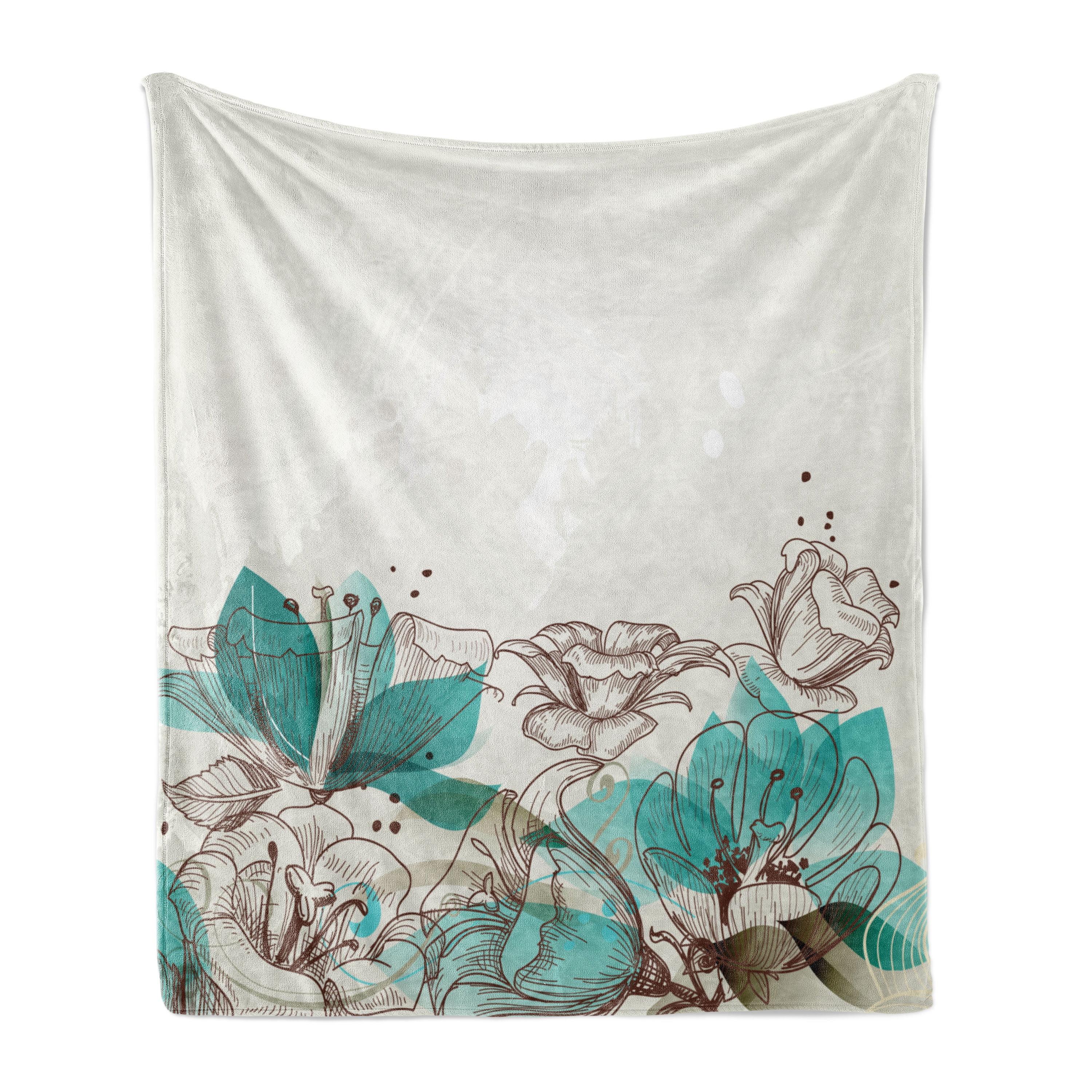 Ambesonne Turquoise Fleece Throw Blanket Retro Hibiscus Art Beige Teal