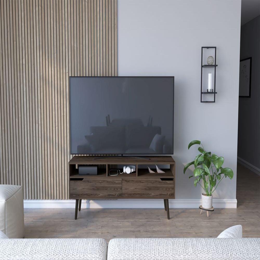 Dark Walnut Rectangular TV Stand with Cabinet and Shelves