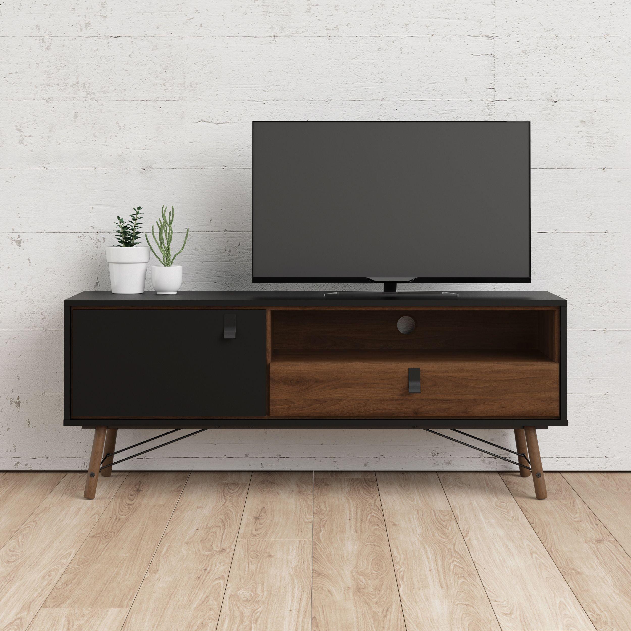 Ry Black Matte and Walnut TV Stand with Open Shelf and Storage