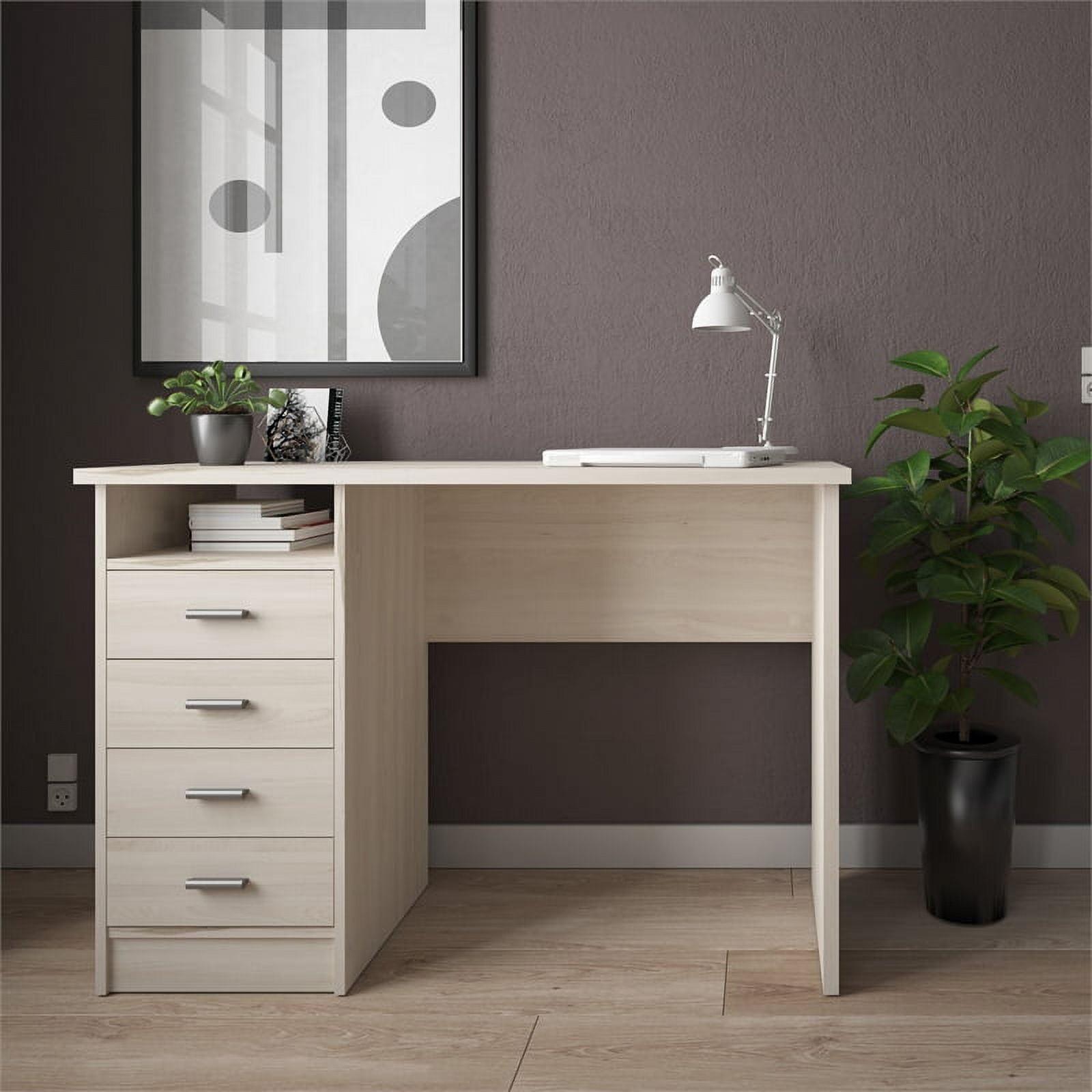 Scandinavian Light Woodgrain Desk with Four Drawers and Open Shelf