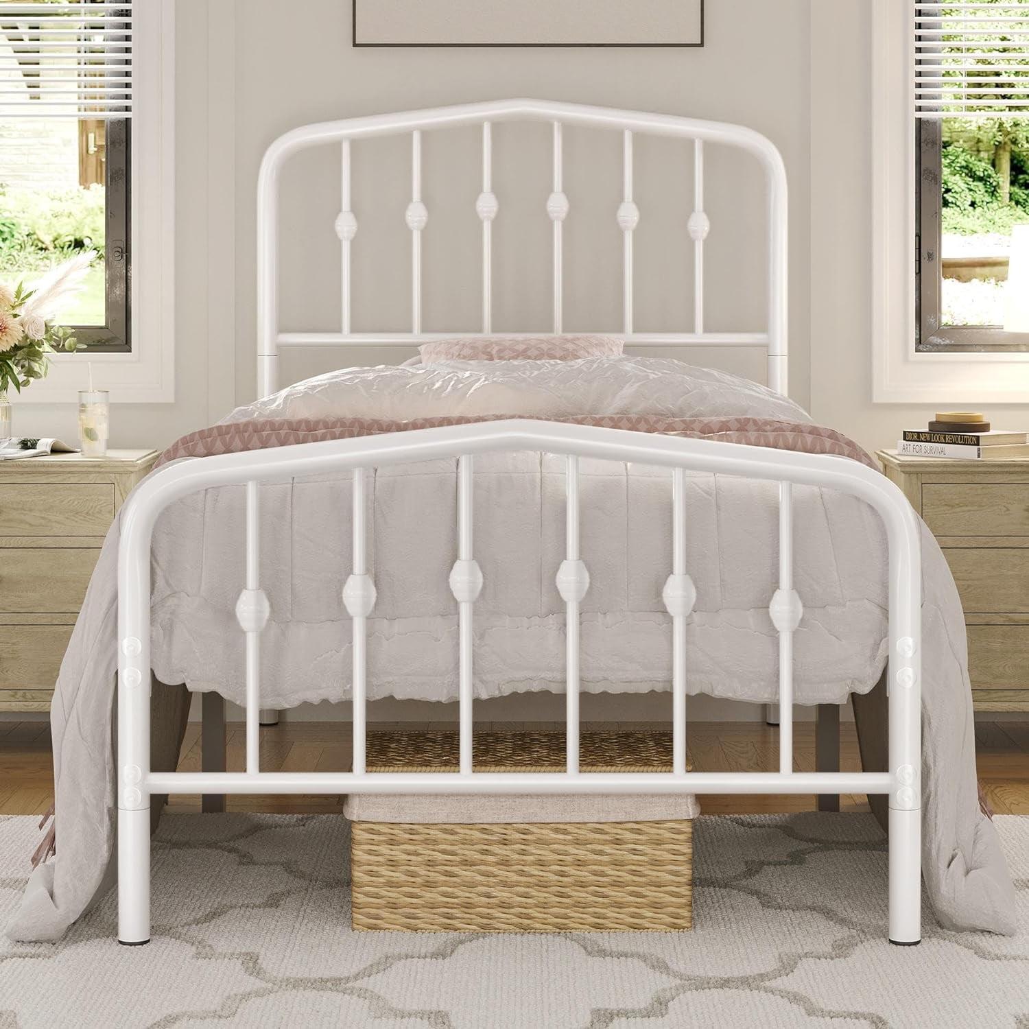 White Twin Metal Platform Bed with Victorian Headboard and Footboard