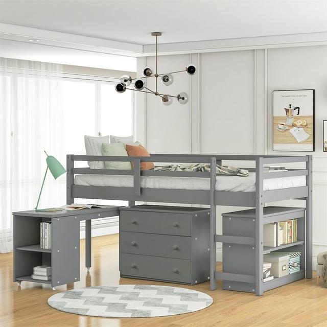 Harper & Bright Designs Twin Loft Bed with Cabinet and Rolling Portable Desk, Wooden Low Study Loft Bed with Drawers, Gray