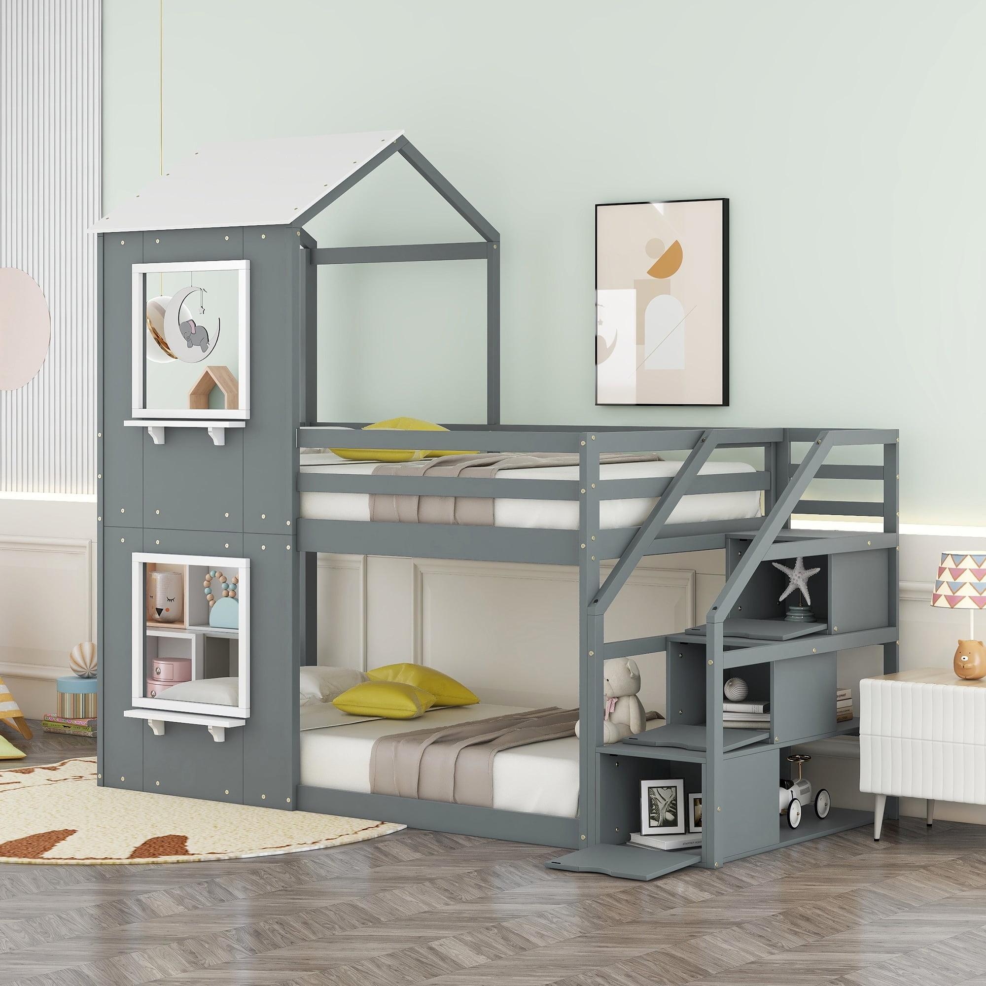 Twin Over Twin Bunk Bed with Storage Stairs Wood Bed with Roof & Window, Upper Bunk Secured Guardrail, Ladder Gray+White