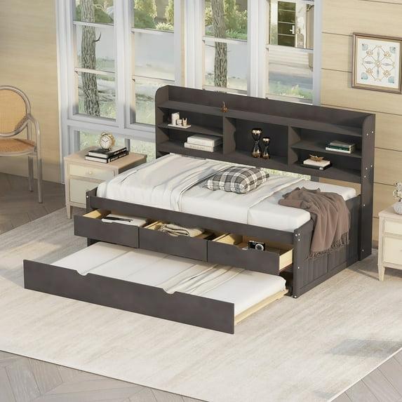 Twin Daybed With Bookcase Headboard, Wood Captain Beds with Storage Drawers and Trundle, Rustic Country Twin Size Platform Bed Frame with Bookshelves and Slats Support, Antique Natural