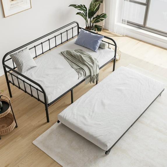 Twin Size Metal Daybed Frame with Trundle, Day Beds with Pullout Trundle, Platform Sofa Bed with Metal Slat Support for Living Room Guest Room,No Box Spring Needed, Black