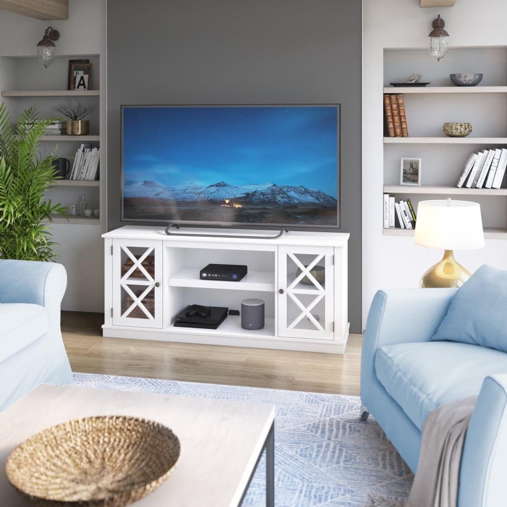 White Modern Farmhouse TV Stand with Glass Doors and Fireplace