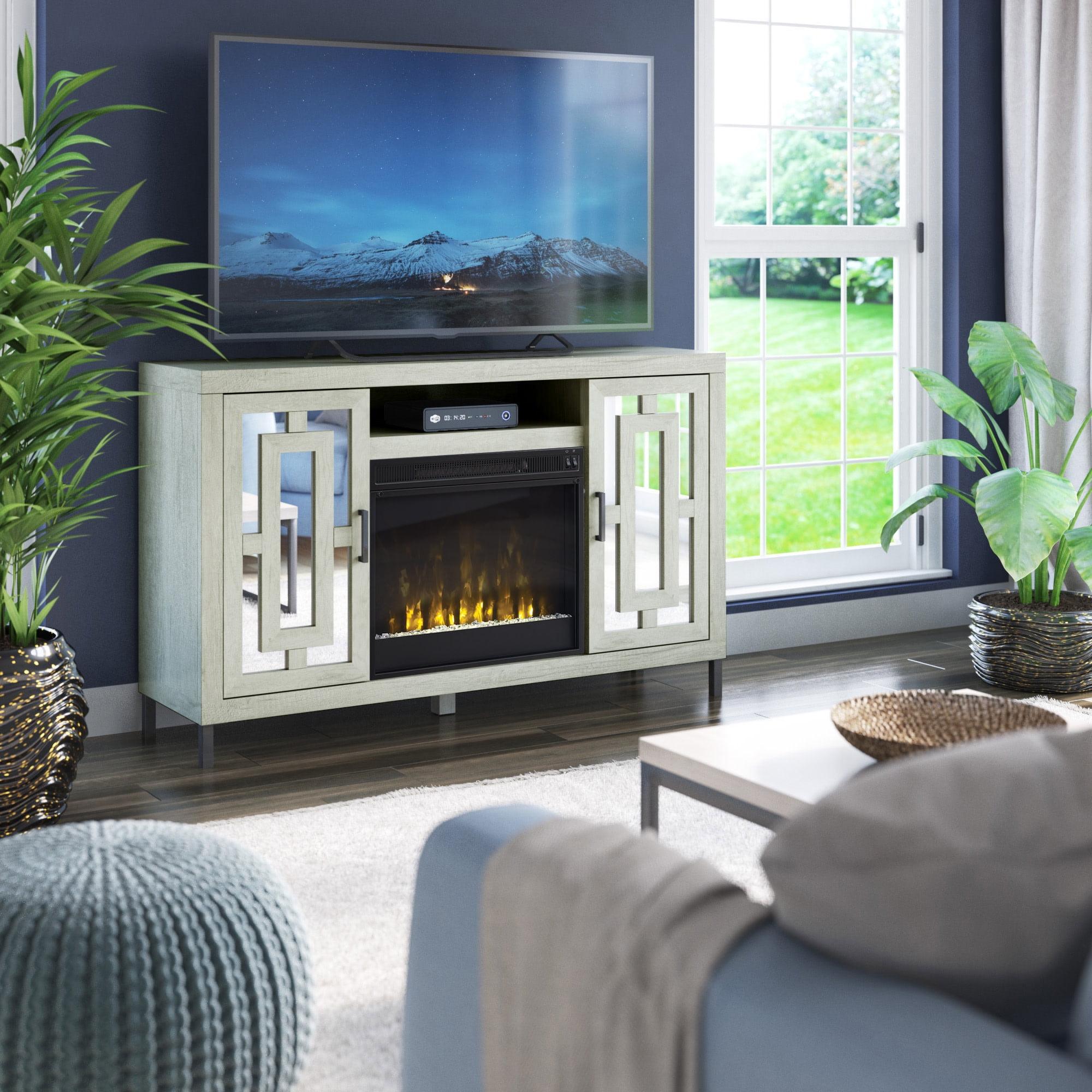 White TV Stand with Electric Fireplace and Mirrored Cabinet Doors