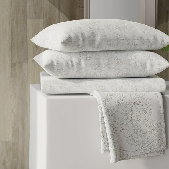 Color Sense Percale Weave Cool & Crisp Cotton Rich Sheet Set, Twin Extra Long, Grey Paisely, 4 piece
