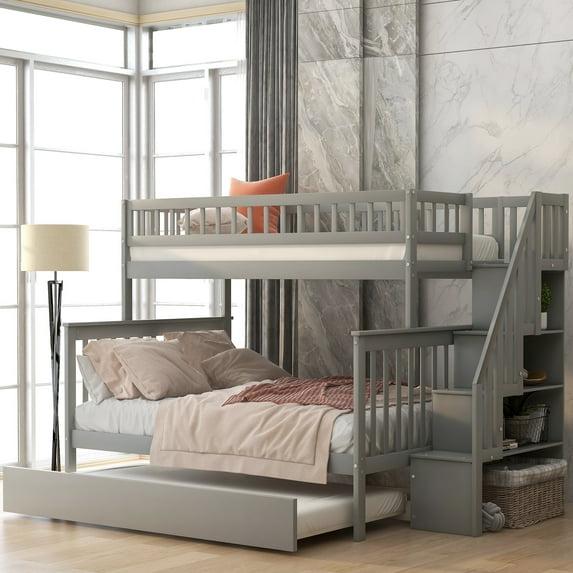 Streamdale Twin over Full Bunk Bed with Trundle and Staircase,Gray