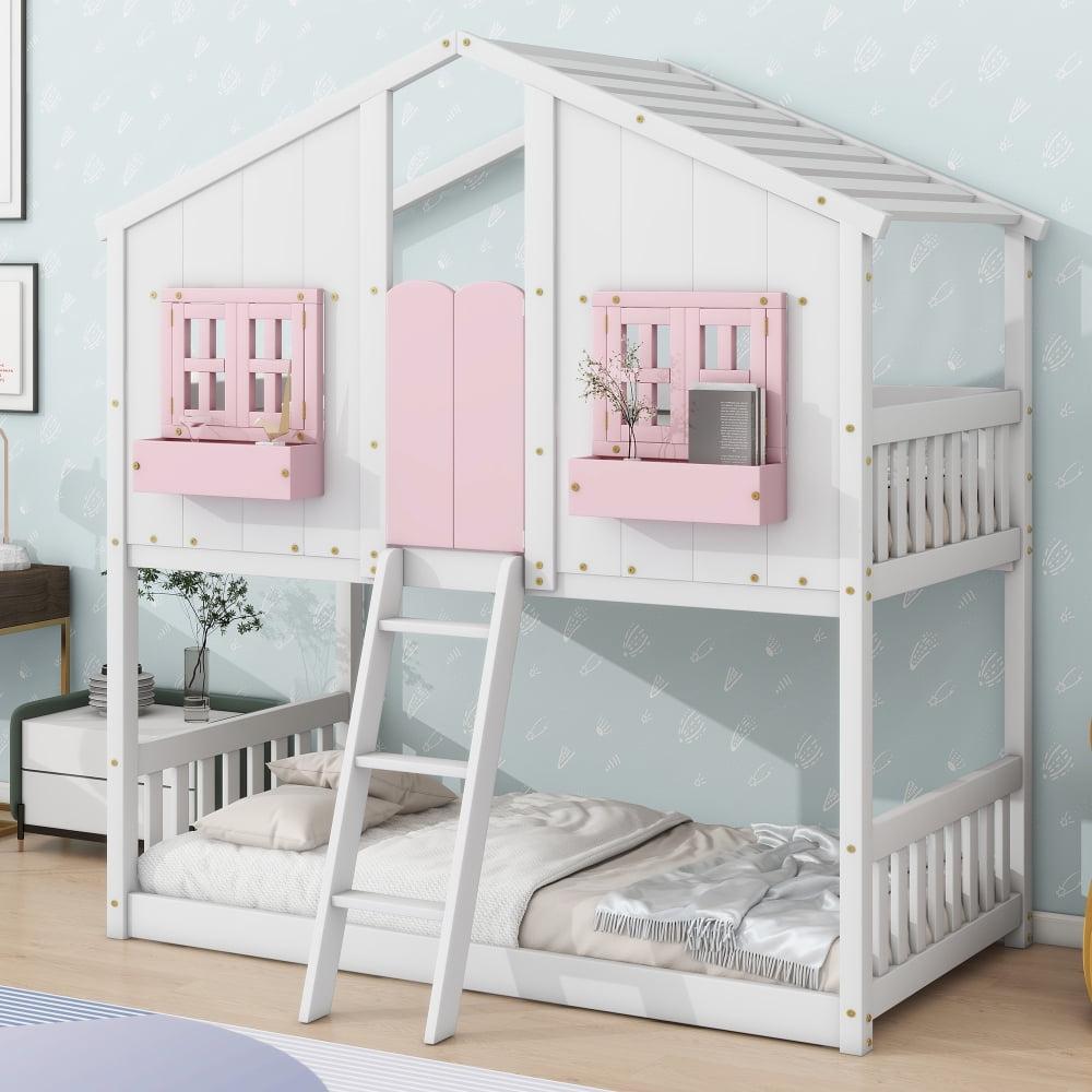 HighSound Twin Over Twin House Bunk Bed Frame with Roof, Window, Ladder and Safety Guardrails for Boys Girls, White & Pink