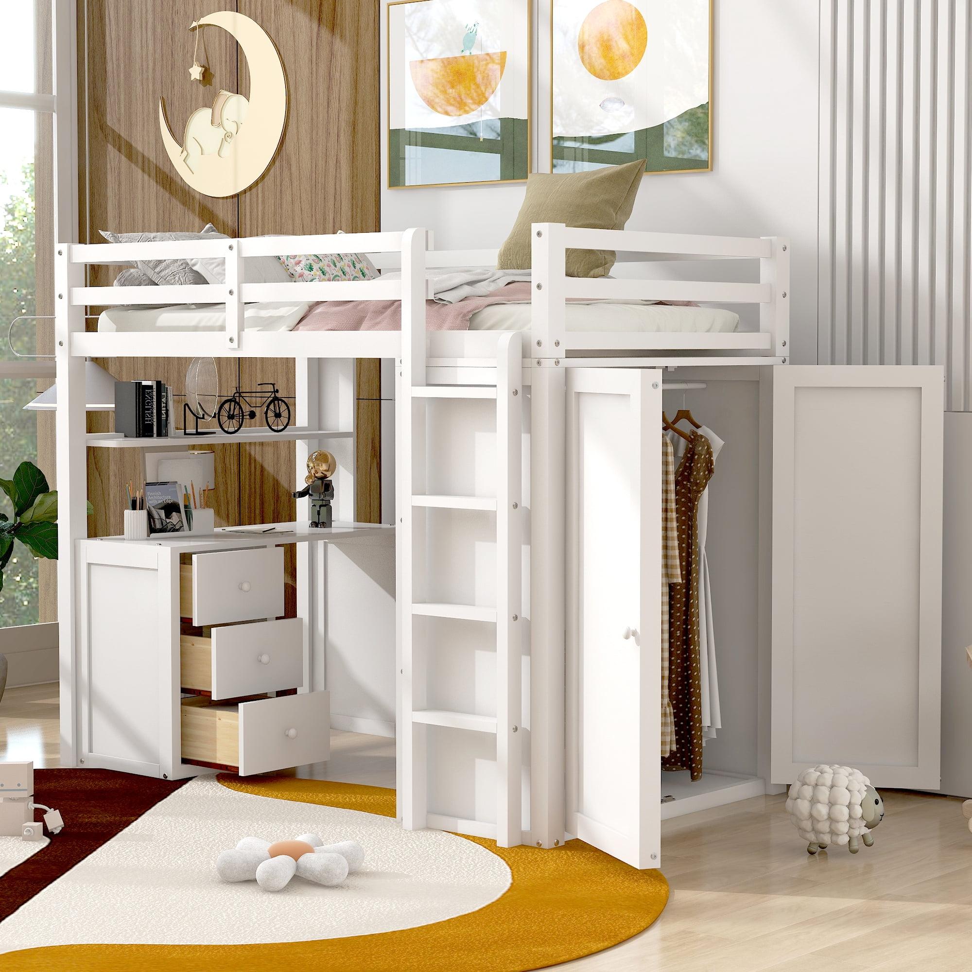 White Twin Loft Bed with Drawers, Desk, and Wardrobe