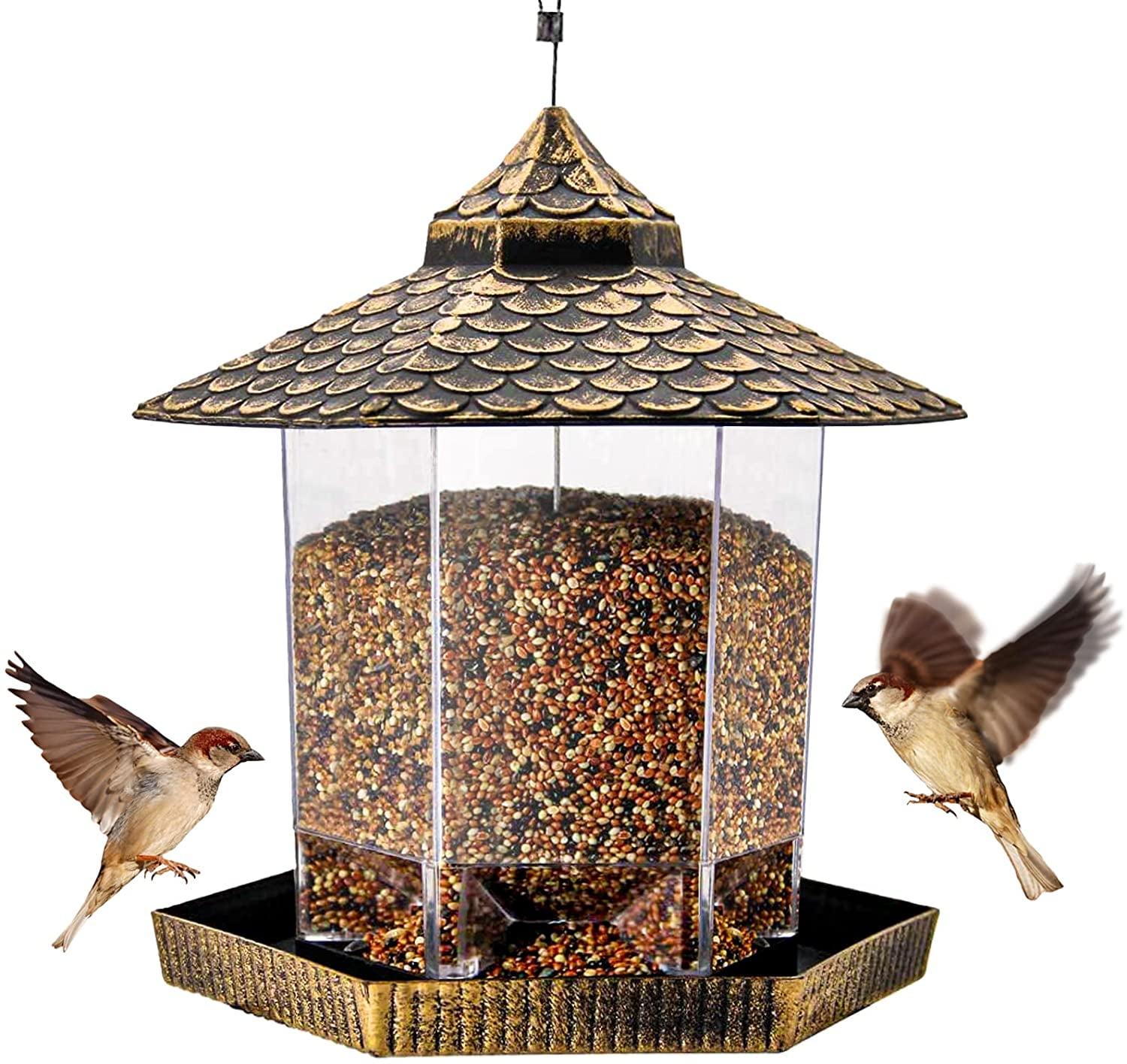 Twinkle Star Wild Bird Feeder Hanging for Garden Yard Outside Decoration, Hexagon Shaped with Roof Bronze