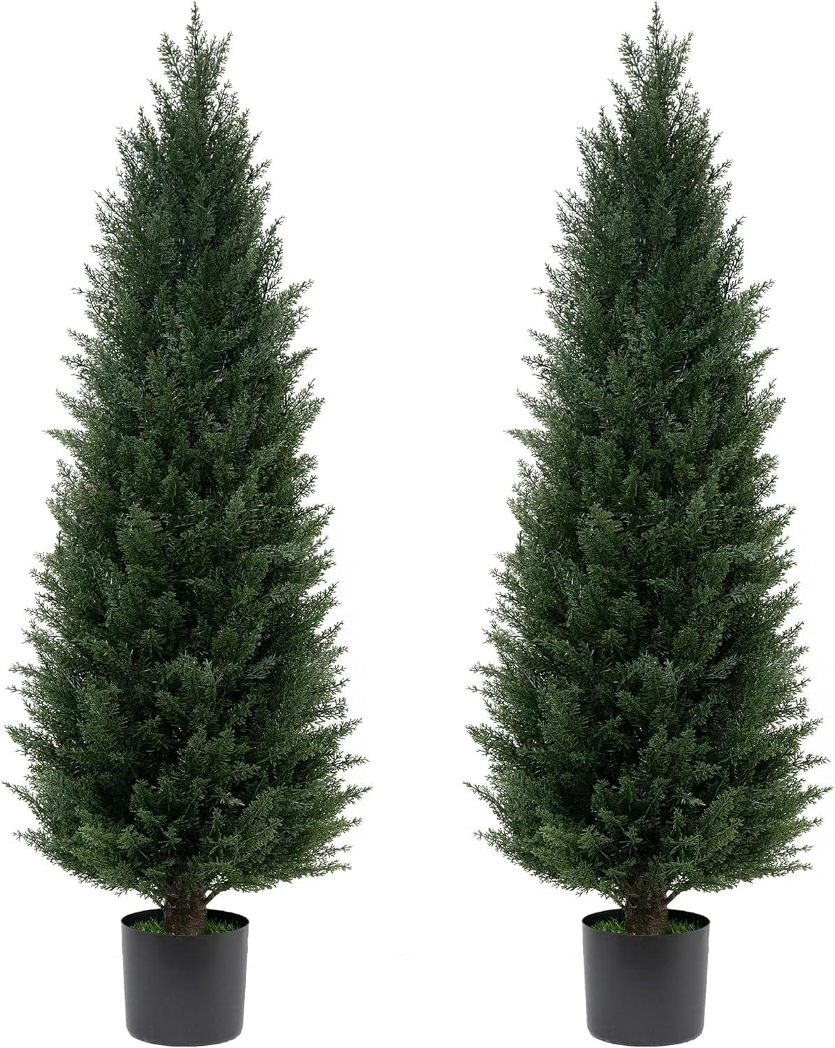 Two 4FT Artificial Cedar Trees Artificial Topiary UV Resistant Potted Plant Artificial Outdoor Tree Artificial Plants for Indoor Outdoor Garden