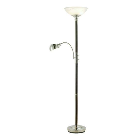 Two Light Combo Floor Lamp Wood Brushed Steel Torchiere with Frosted Glass Dome Shade and Reading Light with Brushed Steel Dome Shade