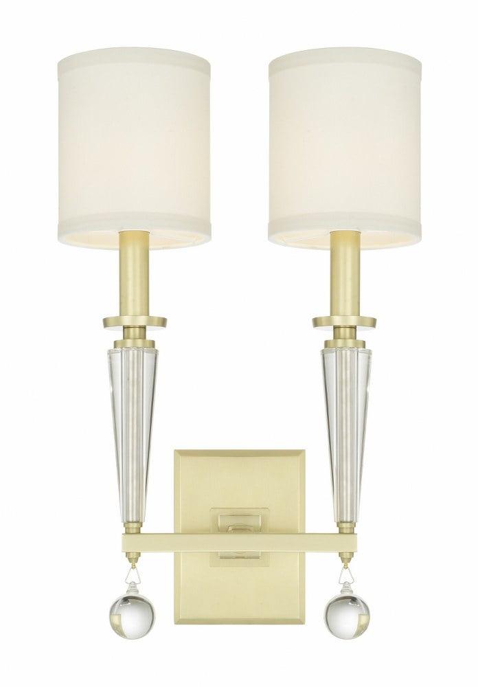 Paxton Aged Brass 2-Light Sconce with White Silk Shade and Clear Glass Drops