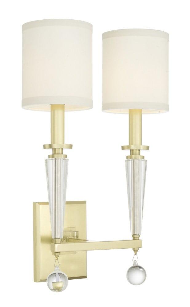 Paxton Aged Brass 2-Light Sconce with White Silk Shade and Clear Glass Drops