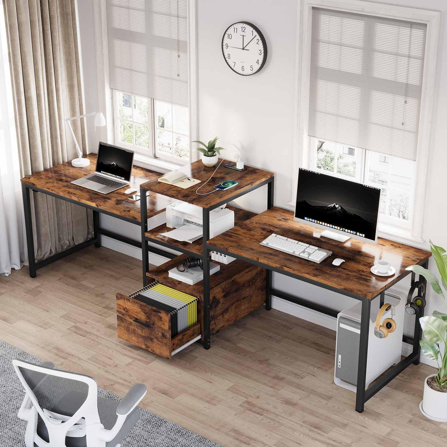 Brown Adjustable Height Two Person Desk with Storage and USB Ports