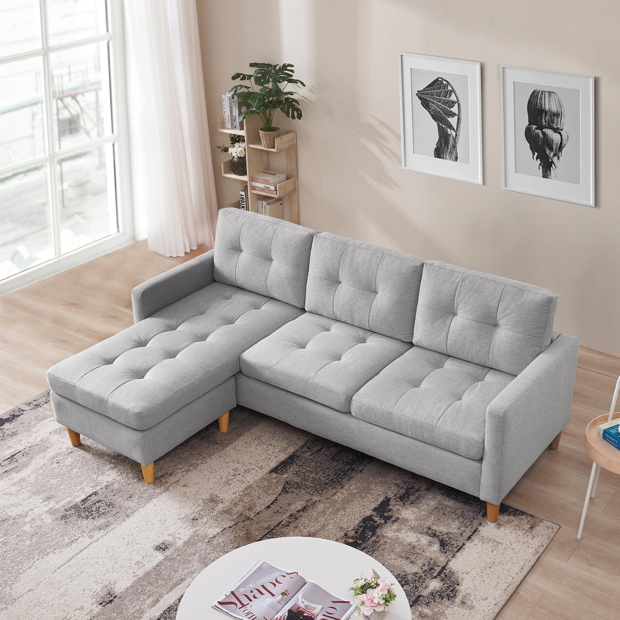 Light Grey Tufted Velvet Two Piece Sectional Sofa with Ottoman