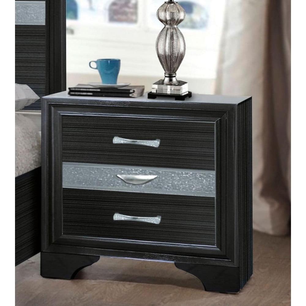 Elegant Glossy Black 3-Drawer Nightstand with Crystal Inserts