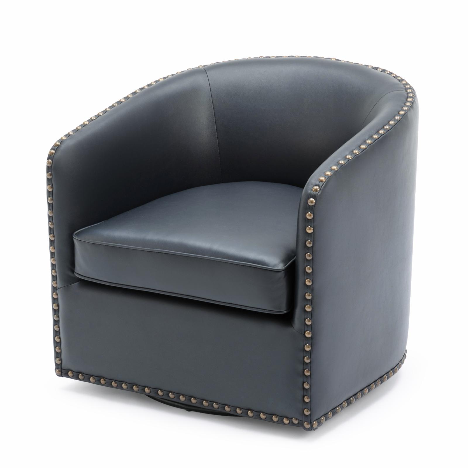 Midnight Blue Faux Leather Transitional Barrel Swivel Accent Chair