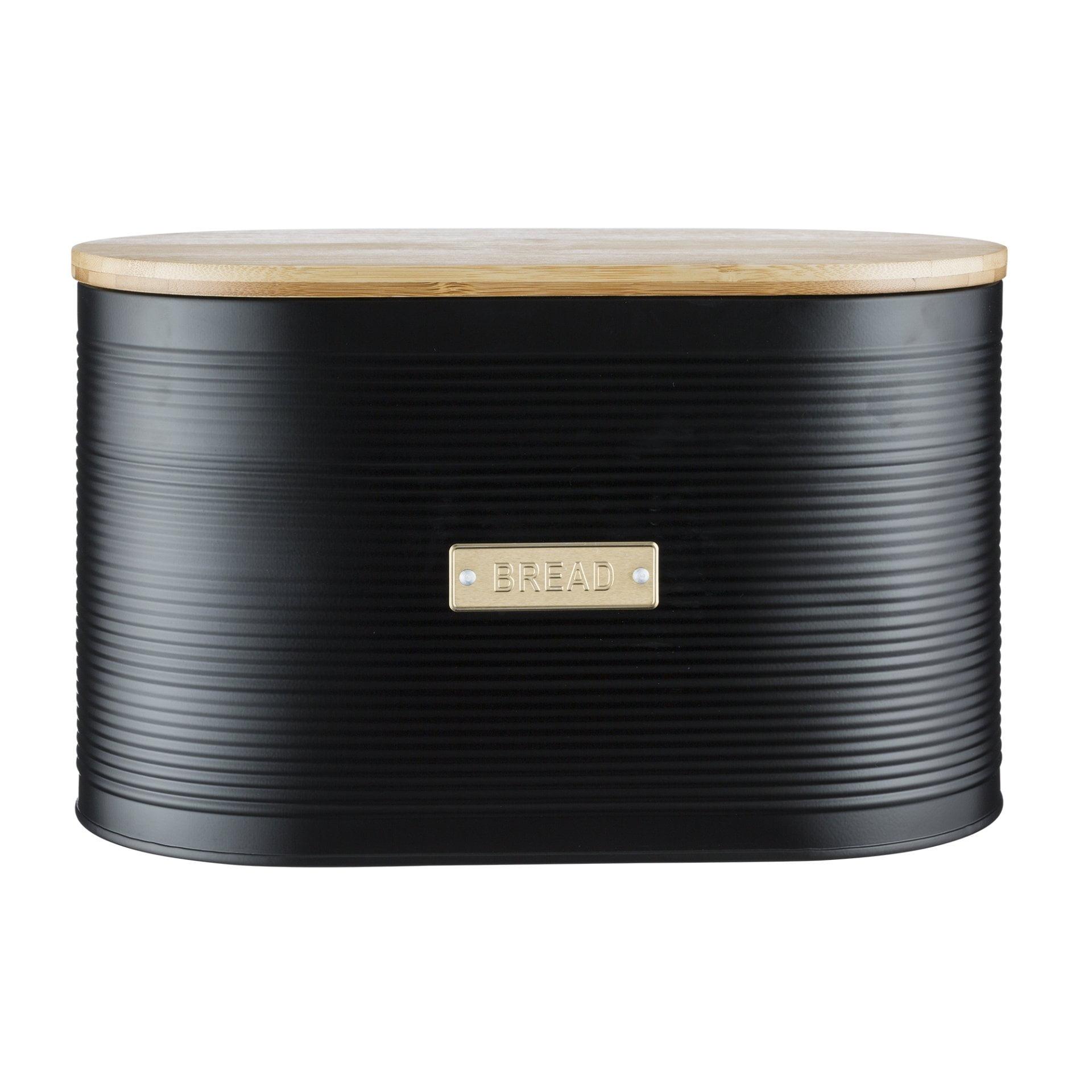 Matte Black Steel Bread Bin with Bamboo Lid