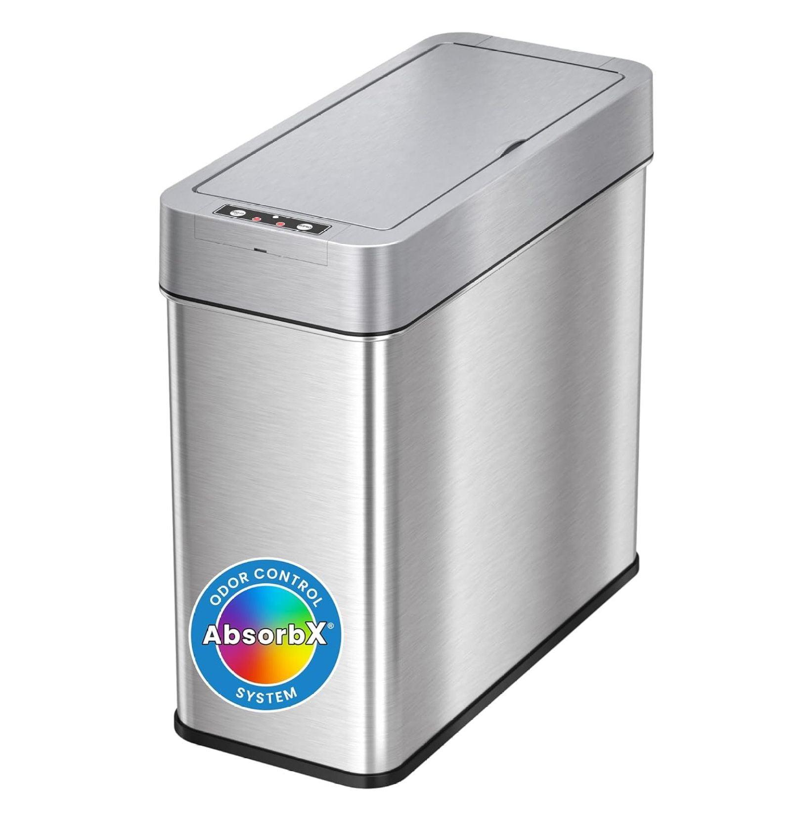 iTouchless Bathroom Sensor Trash Can with AbsorbX Odor Filter Left Side Lid Open Rectangular 4 Gallon Silver Stainless Steel