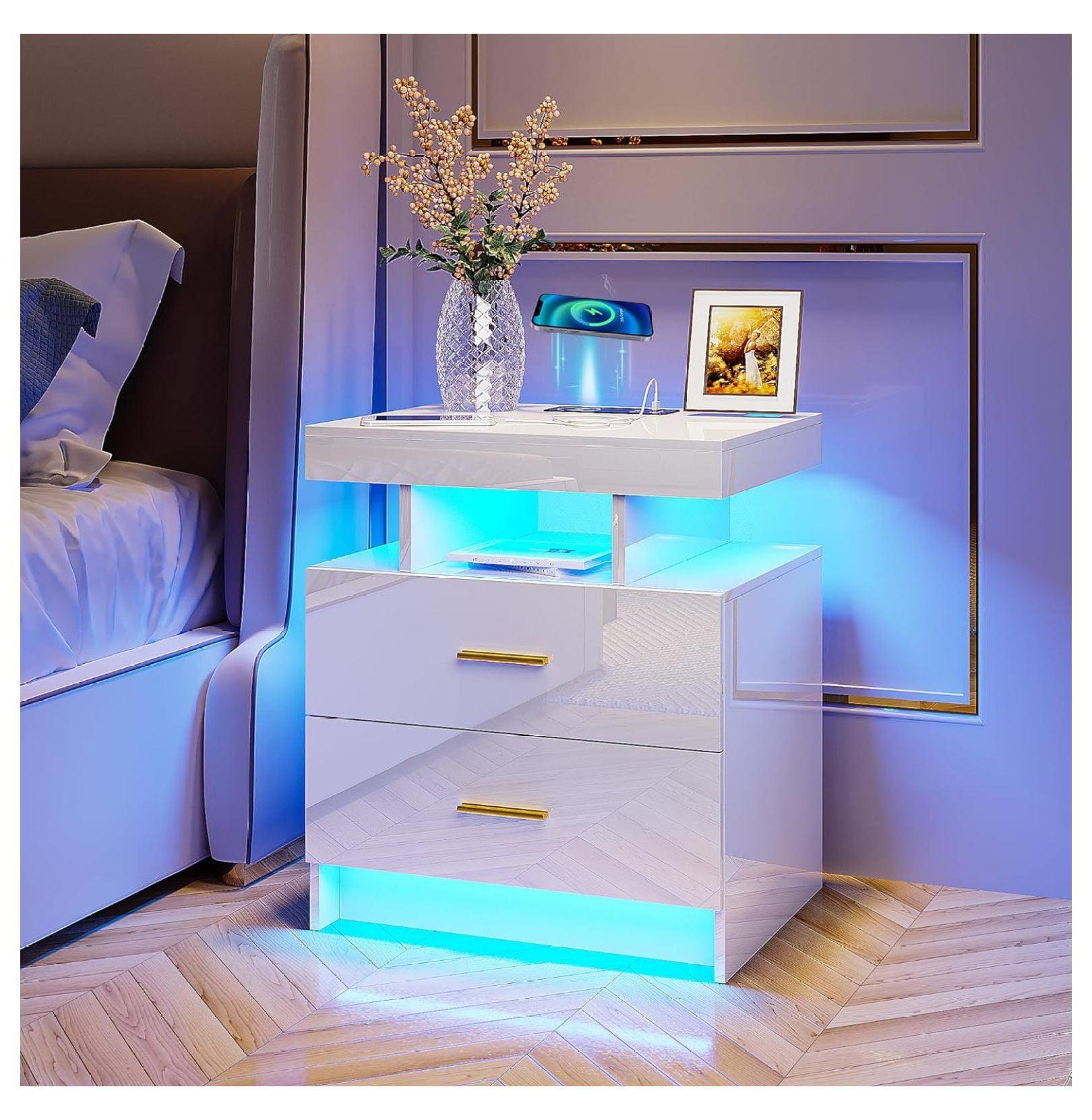 HNEBC Smart LED Nightstand with Wireless Charging & USB Ports, High Glossy Night Stand with 3 Drawers and 1 Pull-Out Tray, Modern Bedside Table with Human Sensor for Bedroom (White)