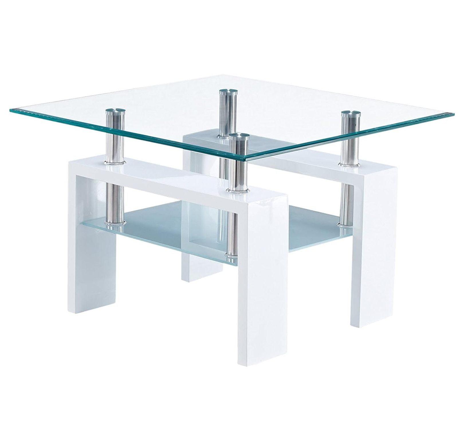 Glossy White and Clear Glass Square End Table