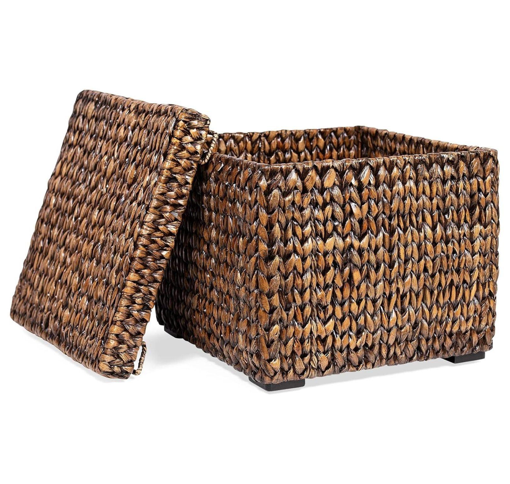 Storage Cube Box with Lid - Brown Wash Seagrass - Hand Woven Container for Blankets Pillows - Sturdy Metal Frame