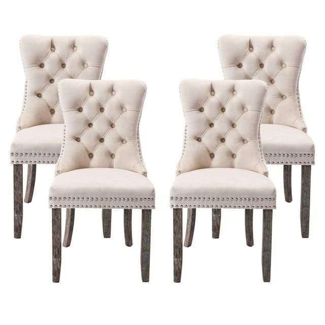 SoarFlash Velvet Dining Chairs Set of 4, Tall Back Side Chair, Modern Upholstered High-end Tufted Side Chair with Button Back Ring, Solid Wood Legs (Beige)