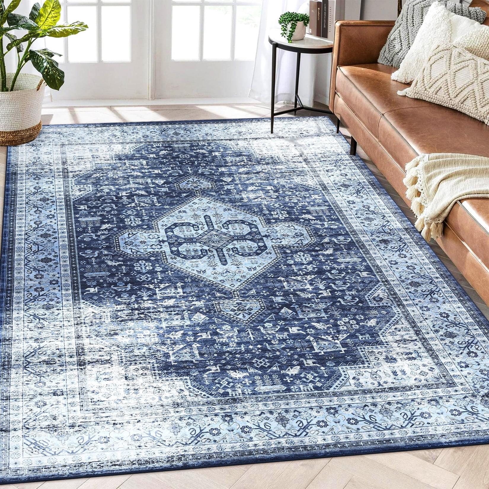 Area Rug Oriental Vintage Distressed Rug for Living Room Bedroom, 9' x 12' Blue