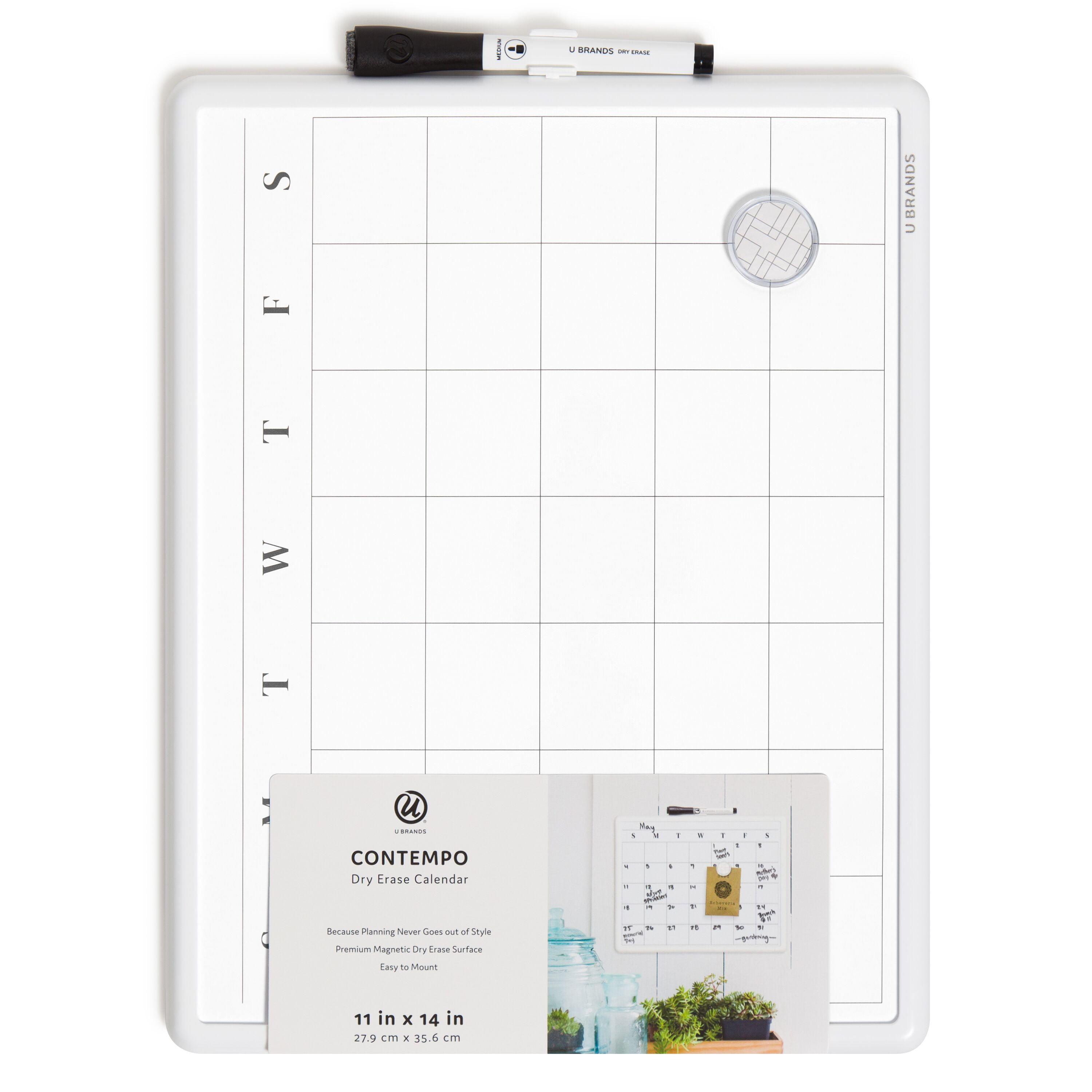 U Brands Magnetic Dry Erase Monthly Calendar, 14 x 11.66, White Surface, White Plastic Frame