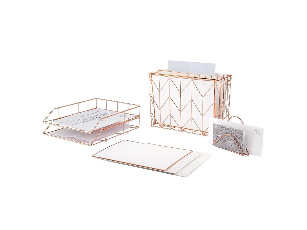 U Brands Letter-Size Desktop Fashion Filing Set, Rose Gold, (1) Rack, (3) Hanging Folders, (3) File Folders, (2) Trays,(1) Mail Sorter