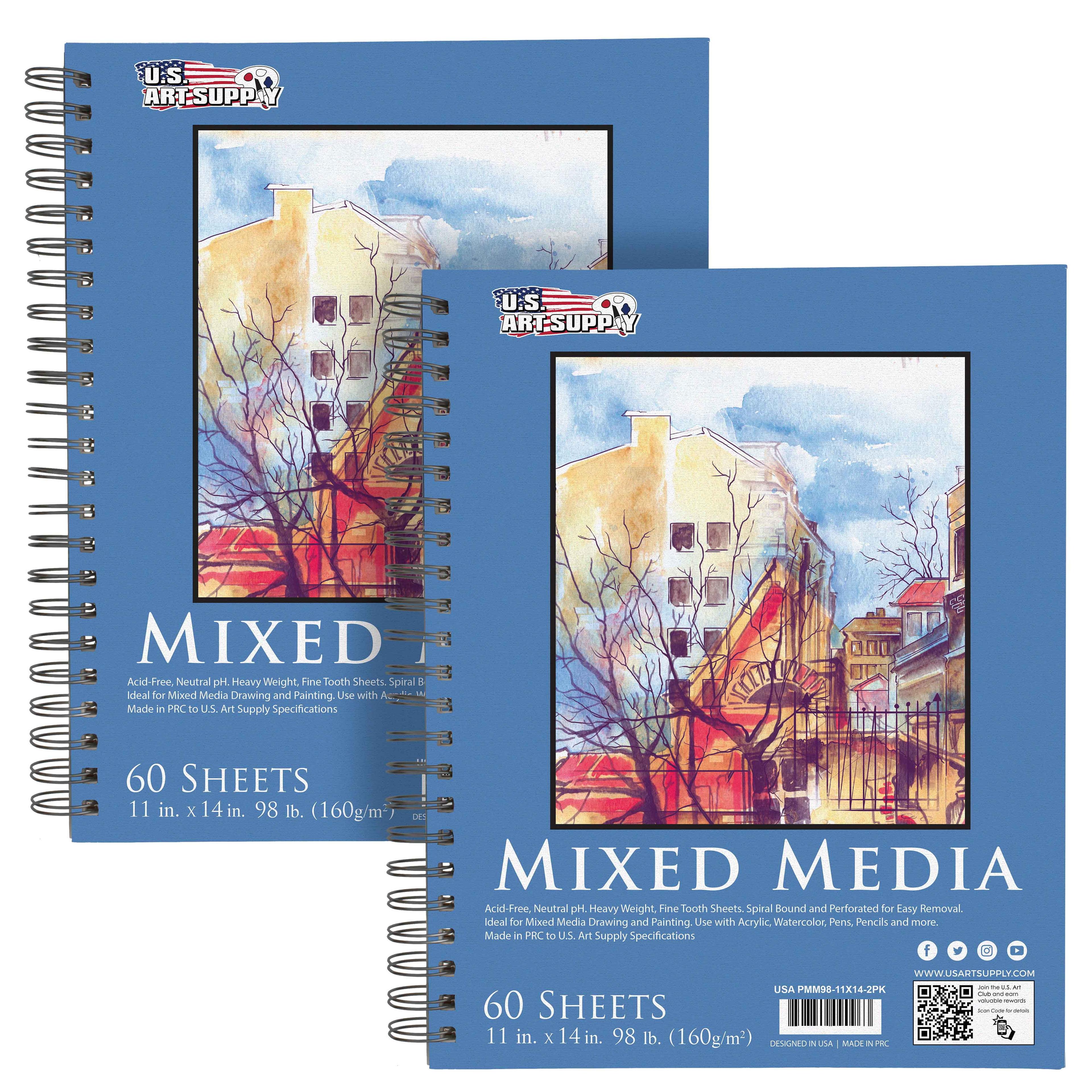 11" x 14" Mixed Media Paper Pad Sketchbook, 2 Pack, 60 Sheets, 98 lb (160 gsm) - Spiral-Bound, Perforated, Acid-Free - Artist Sketching, Drawing, Painting Watercolor, Acrylic,