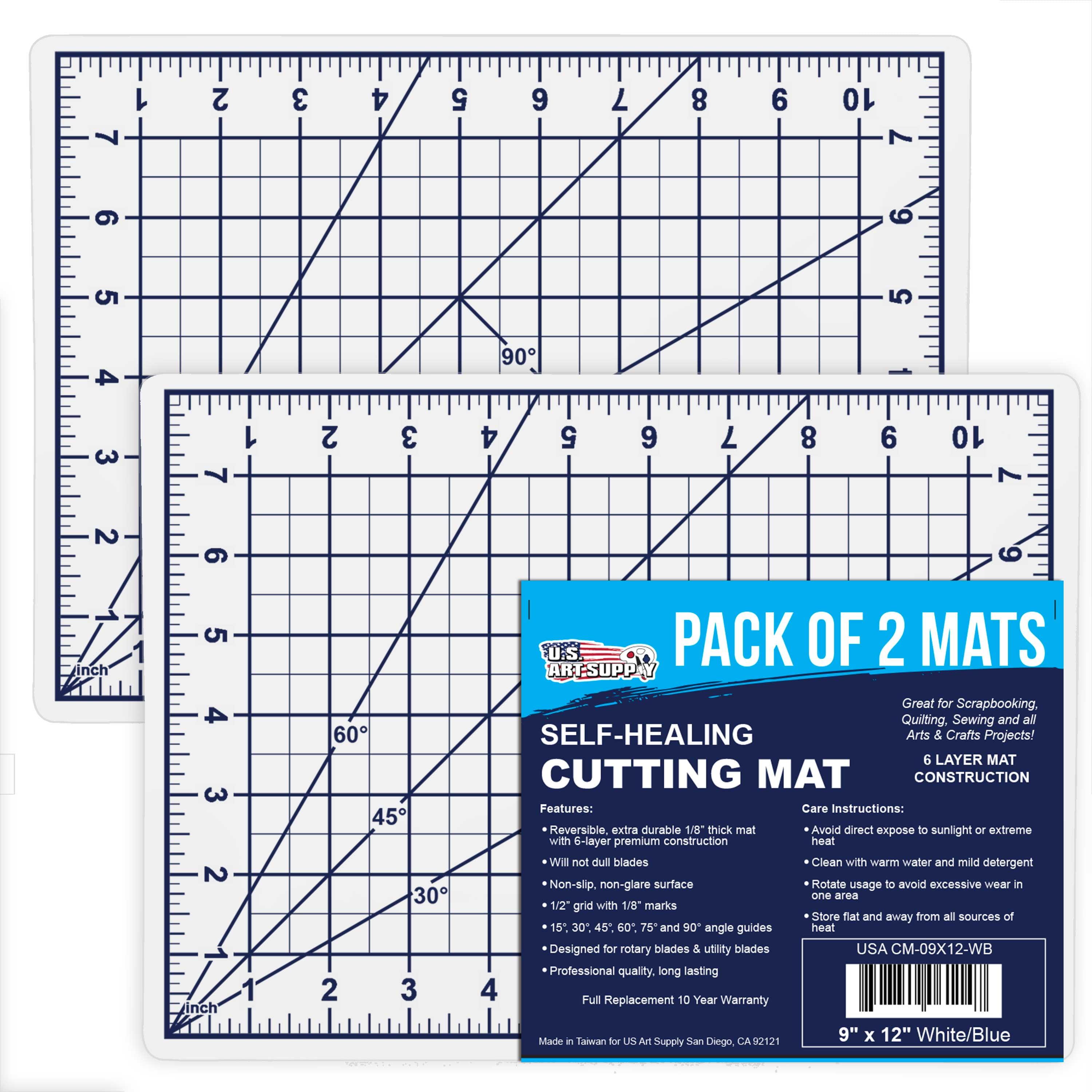 U.S. Art Supply 2 Pack of 9" x 12" White/Blue Professional Self Healing 5-6 Layer Double Sided Durable Non-Slip PVC Cutting Mat