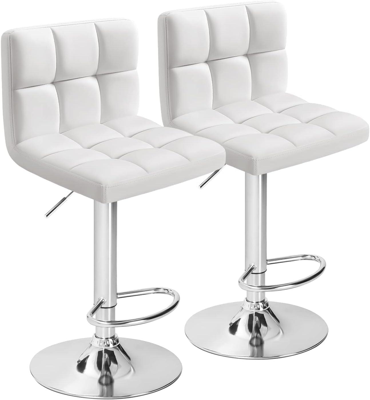 White Adjustable Swivel Bar Stools with Chrome Base, Set of 2