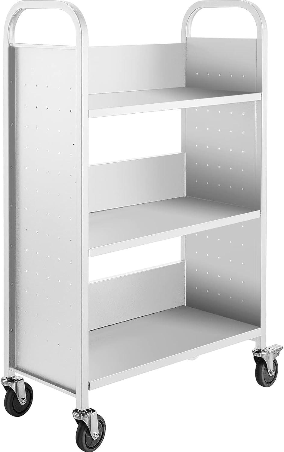 Book Cart, 200LBS Library Cart, 49.2''x29.5''x13.8'' Rolling Book Cart, Single Sided L-Shaped Flat Shelves with Lockable Wheels for Home Shelves Office School Book Truck White